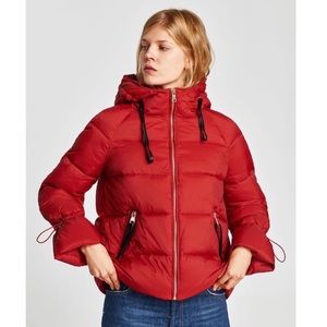 Zara red puffer jacket with gold detailing